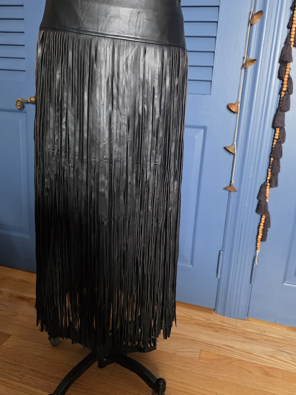 NWT AndBloom Black Faux Leather Fringe Maxi Skirt - Size